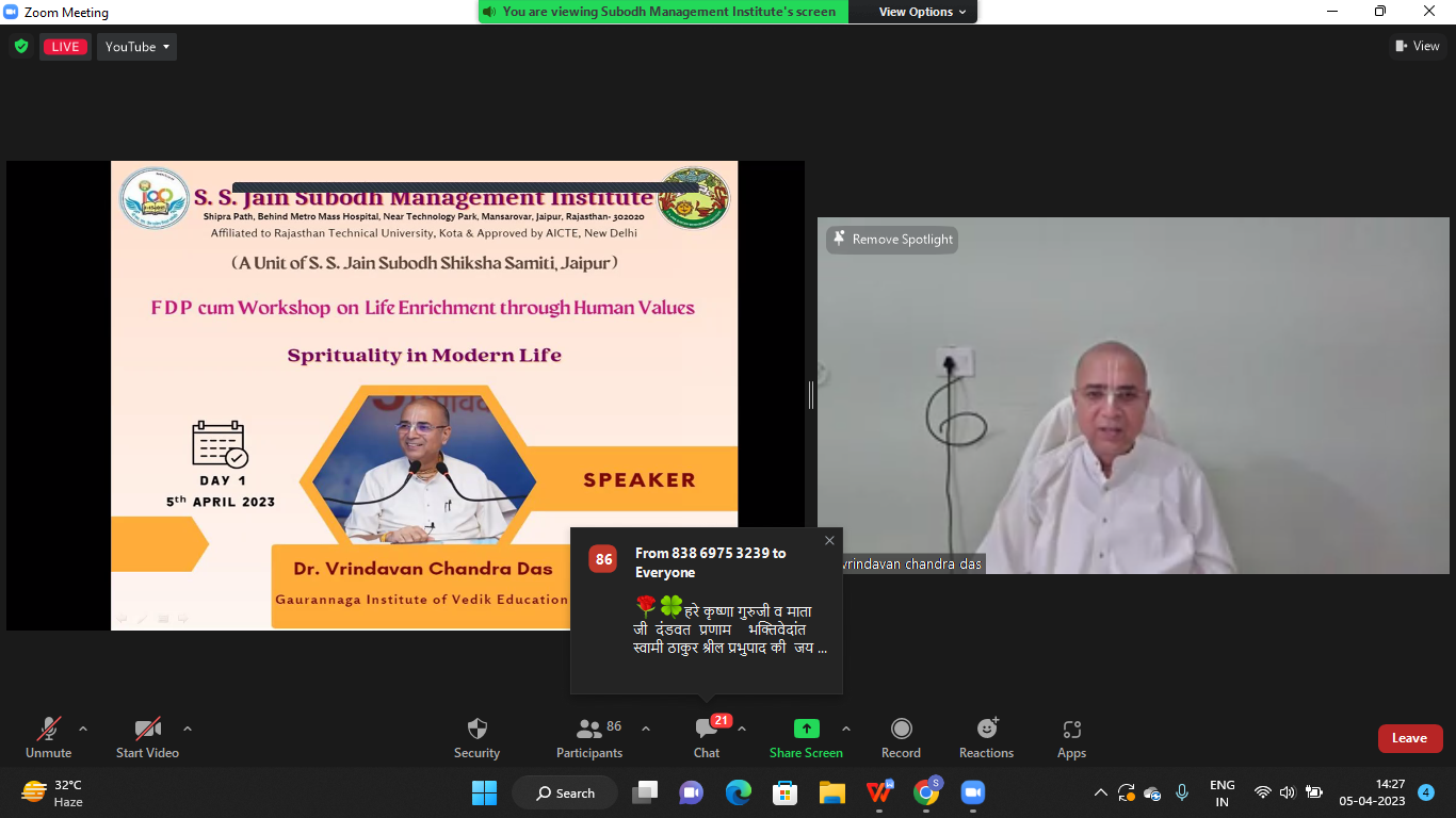 a-fdp-cum-workshop-on-spirituality-in-modern-life-by-dr-vrindavan-chandra-das-gaurannaga-institute-of-vedik-education